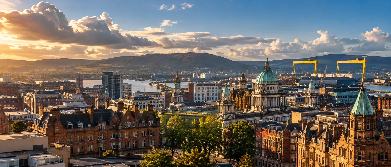 Belfast city hall and the surrounding streets on a bright day